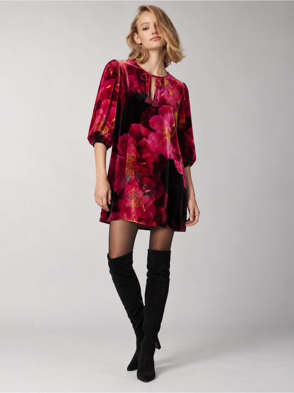 NWT Johnny Was Vesna Floral Velvet Silk Blend Puff Sleeve Mini Dress Sz S